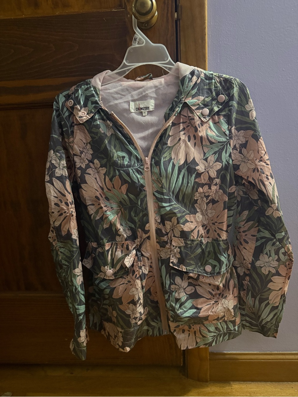 Chemistry Hooded Floral Utility Jacket in Pink and Green
